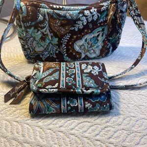 Vera Bradley Maggie Teal and Brown Floral Shoulder Bag and Wallet